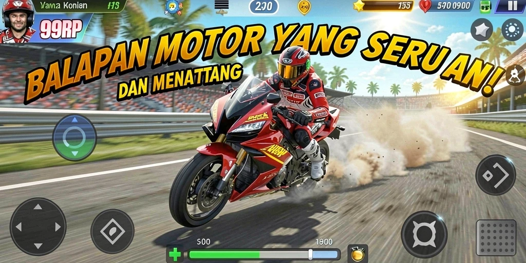 Screenshot gameplay 99RP yang menunjukkan aksi balapan motor yang mendebarkan.