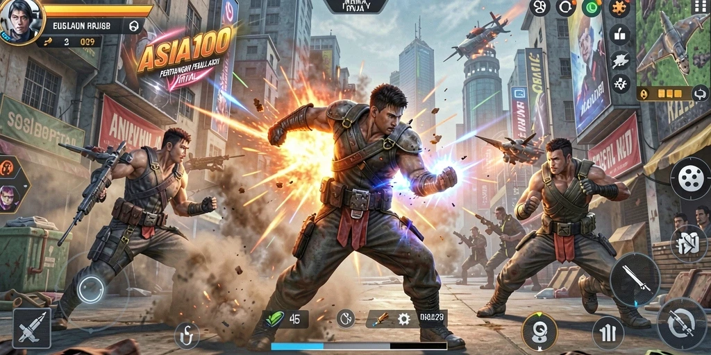 Screenshot ASIA100 menampilkan pertarungan seru antara dua karakter.