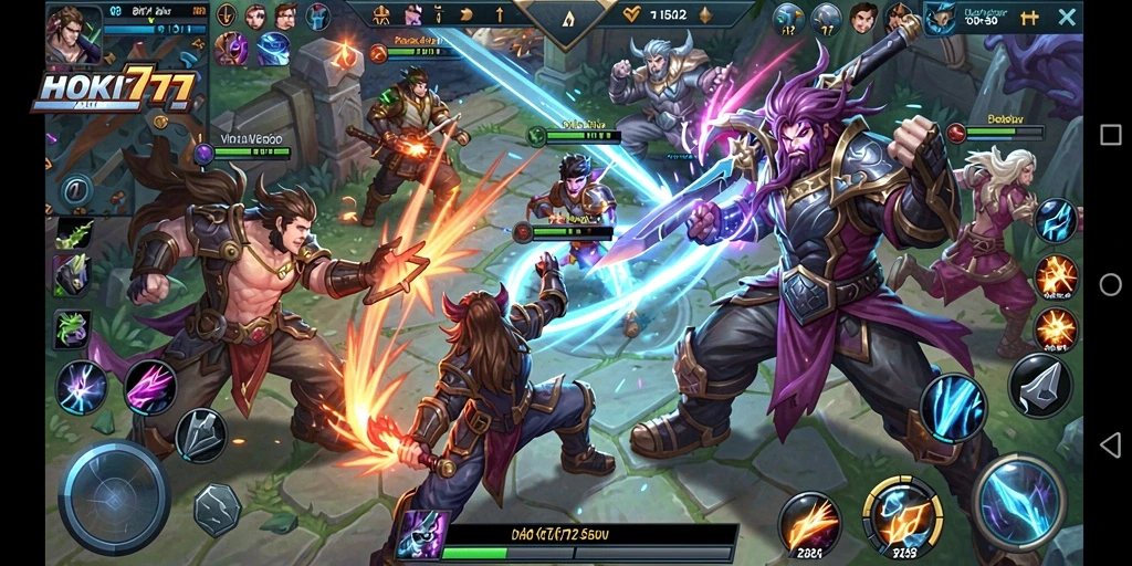 Screenshot HOKI777 menunjukkan aksi seru di arena pertempuran MOBA.