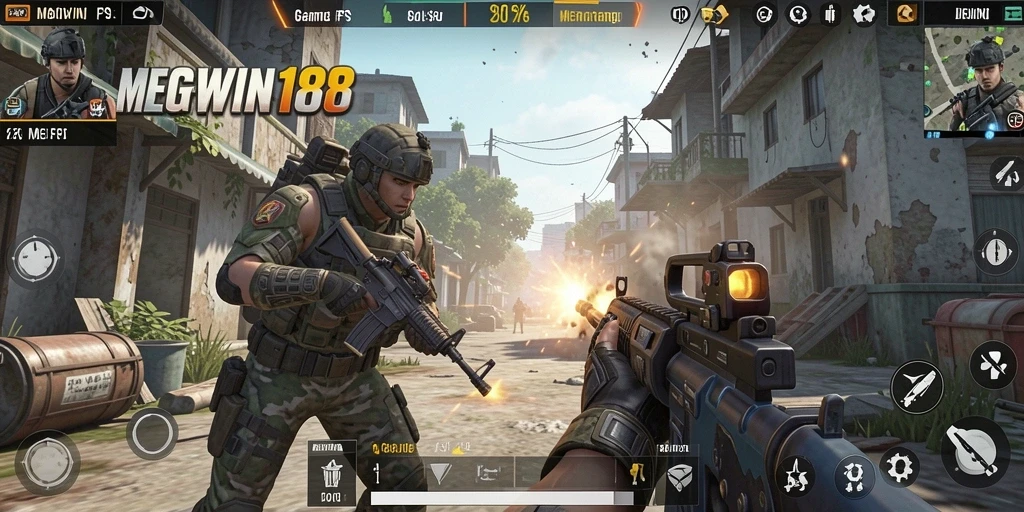 Screenshot gameplay <strong>MEGEWIN188</strong> menunjukkan aksi seru dalam pertempuran FPS.