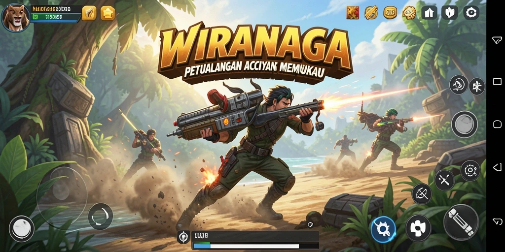 Tampilan layar permainan WIRANAGA dengan aksi seru yang memikat.